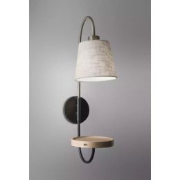Antique Brass and Black Metal Wall Lamp with USB Charging Station Wood Shelf (Pack of 1)